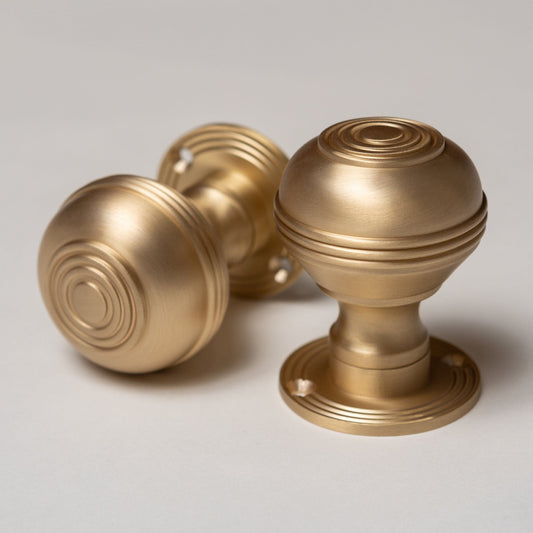 Solid Brass Door Knobs - Ringed Satin Brass (Pair) | Thumbturns & Latches