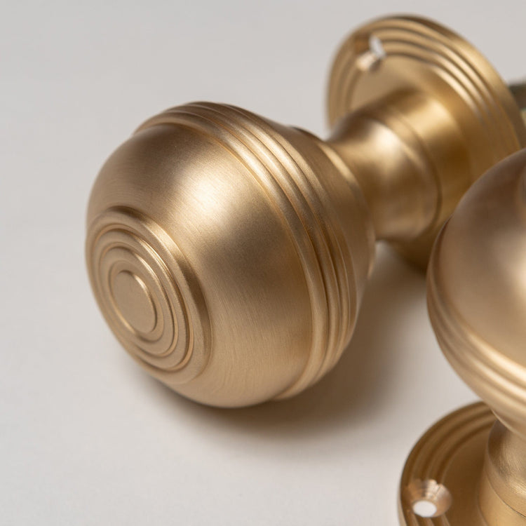 Solid Brass Door Knobs - Ringed Satin Brass (Pair)