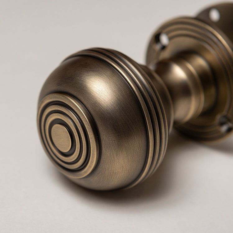 Solid Brass Door Knobs - Ringed Antique Brass (Pair)