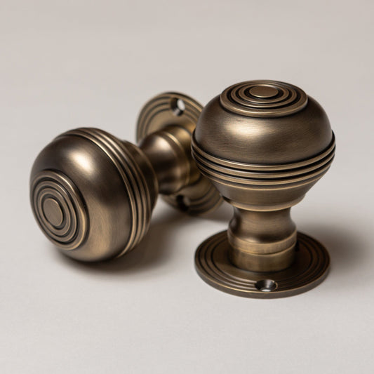 Solid Brass Door Knobs - Ringed Antique Brass (Pair) | Thumbturns & Latches