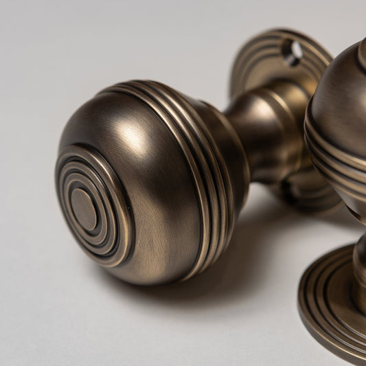 Solid Brass Door Knobs - Ringed Antique Brass (Pair) | Thumbturns & Latches