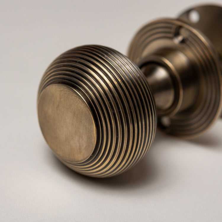 Solid Brass Door Knobs - Beehive Antique Brass (Pair)