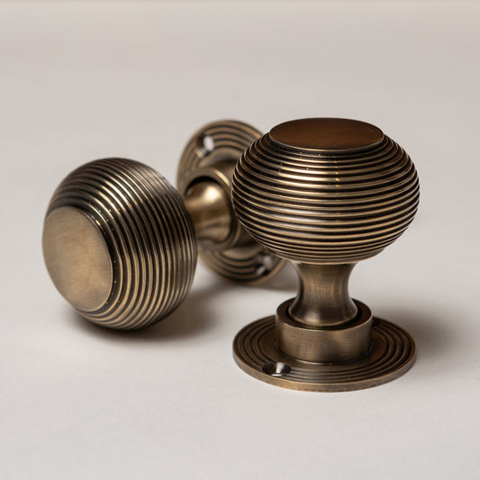 Solid Brass Door Knobs - Beehive Antique Brass (Pair)