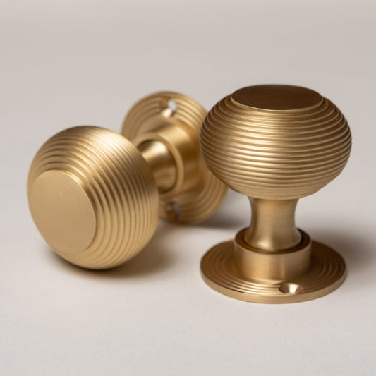 Solid Brass Door Knobs - Beehive Satin Brass (Pair) | Thumbturns & Latches