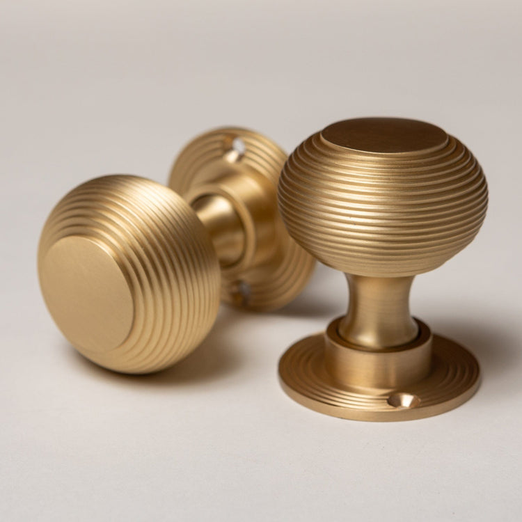 Solid Brass Door Knobs - Beehive Satin Brass (Pair)