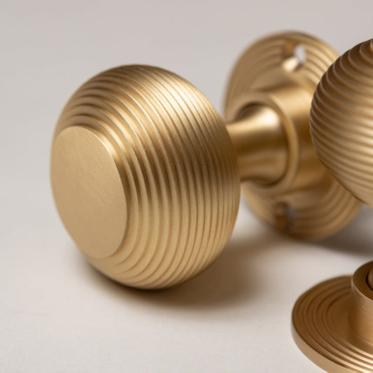 Solid Brass Door Knobs - Beehive Satin Brass (Pair) | Thumbturns & Latches