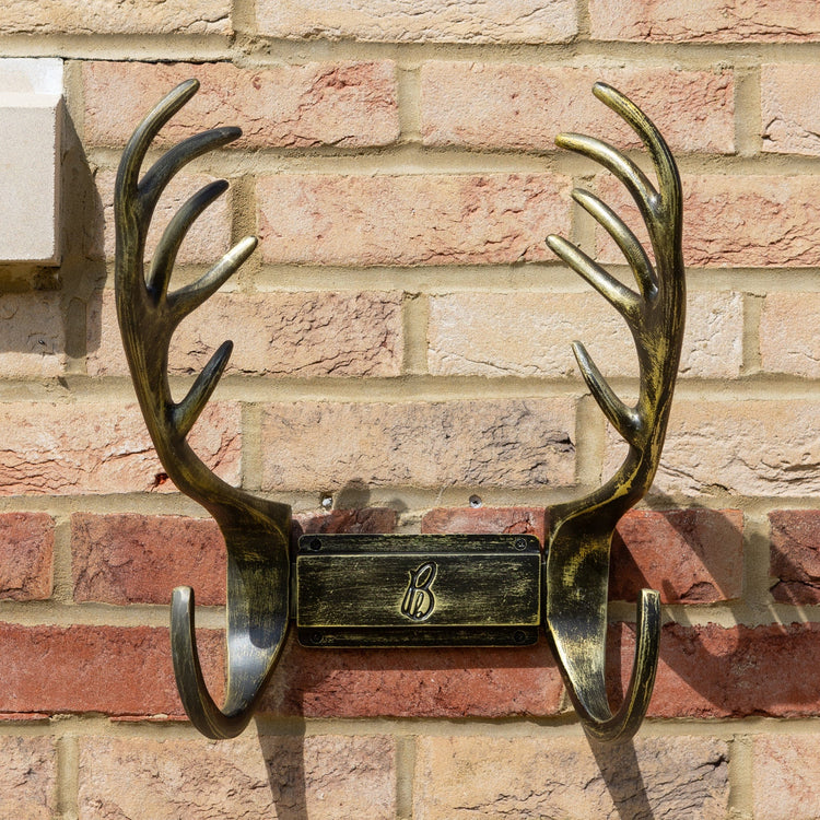 Stag Antlers Hose Pipe Holder - Antique Brass Finish