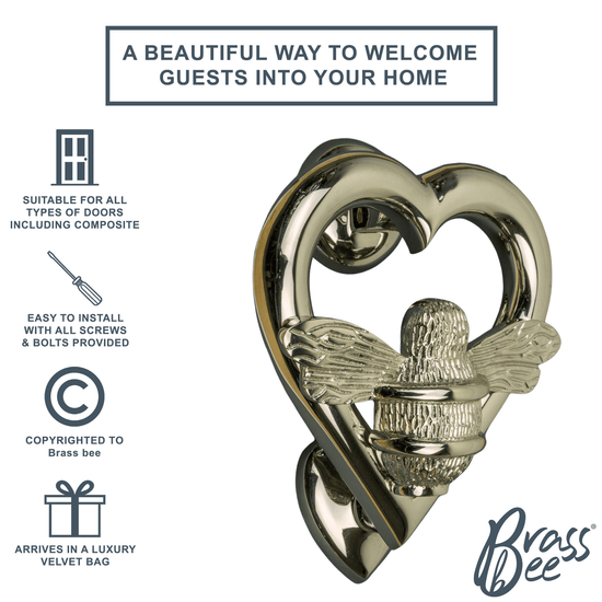 Brass Bumble Bee Heart Door Knocker - Nickel Finish - Brass bee