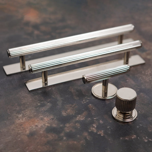 Solid Brass Straight Knurled Kitchen Pull Handles & Knobs - Polished Nickel Finish