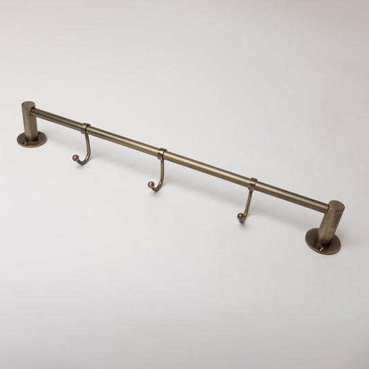 Antique Brass Hook Rail with 3 Brass hooks - Solid Brass