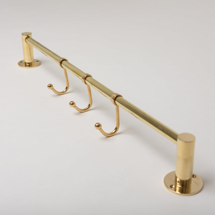 Polished Brass Hook Rail with 3 Brass hooks - Solid Brass