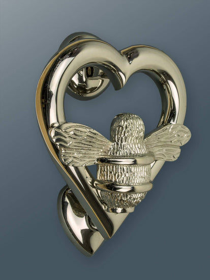 Brass Bumble Bee Heart Door Knocker - Nickel Finish - Brass bee