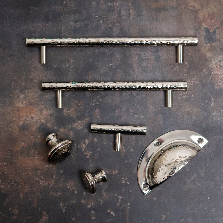 Solid Brass Nickel Hammered Cabinet Pull Handles & Knobs - Polished Nickel Finish