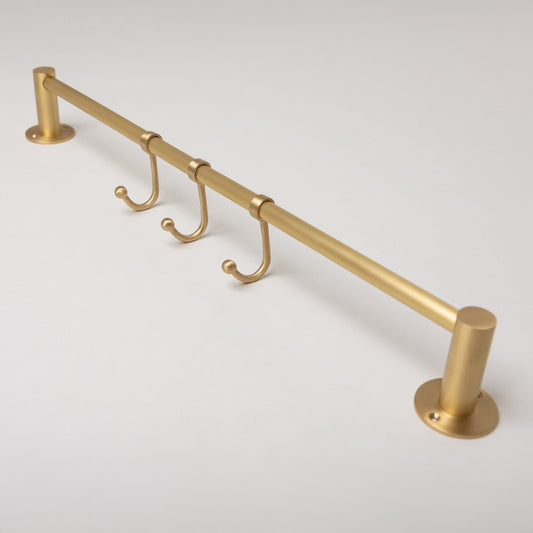 Satin Brass Hook Rail with 3 Brass hooks - Solid Brass